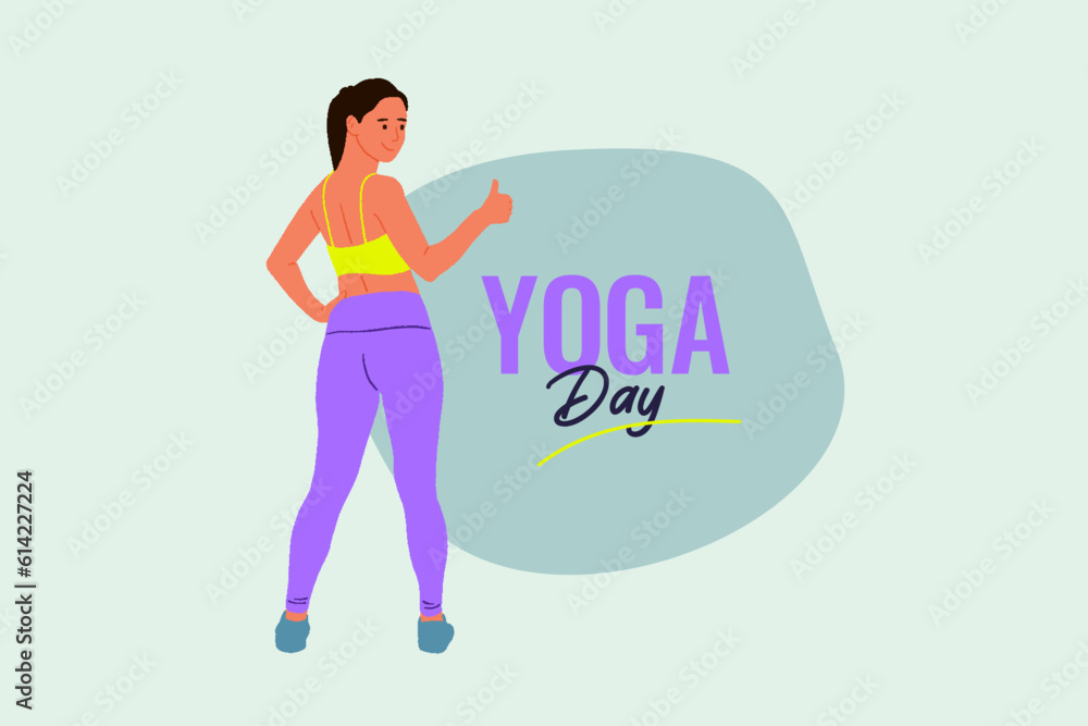 Yoga Day text with a woman practicing, posing a yoga pose woman vector illustration for social media post layout

