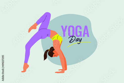 Yoga Day text with a woman practicing  posing a yoga pose woman vector illustration for social media post layout  