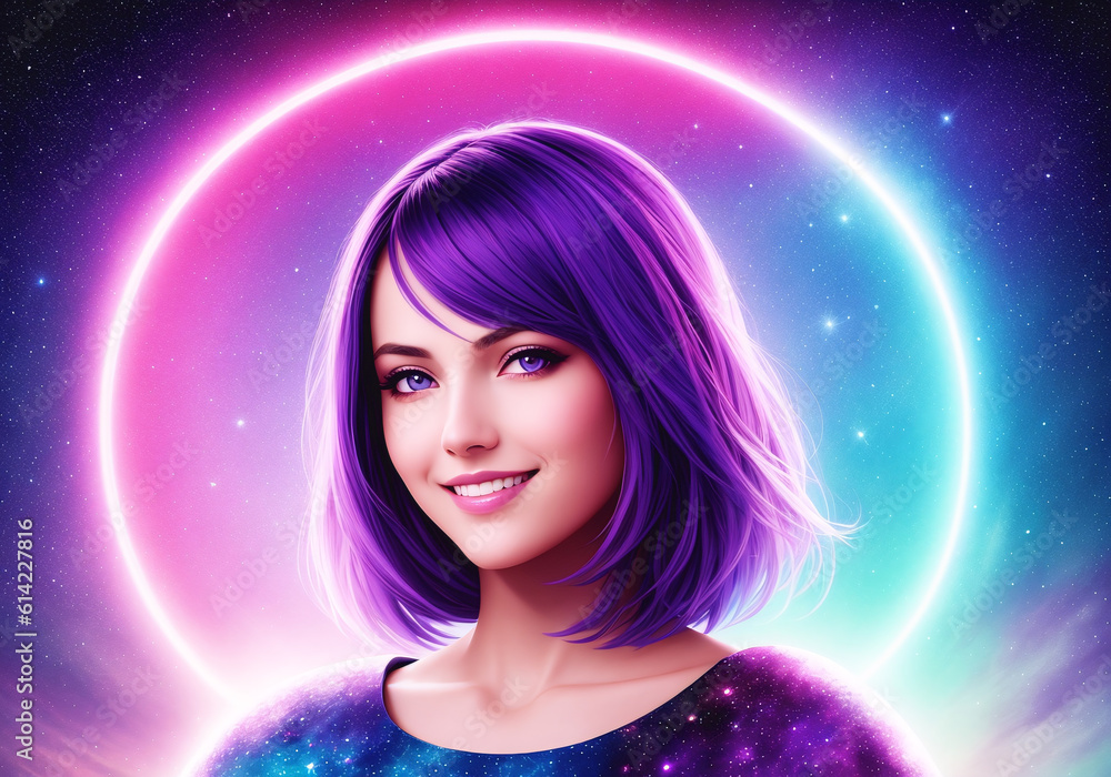 A beautiful young woman against the backdrop of a futuristic space of space and galaxies. The concept of unearthly beauty. Generative AI A beautiful young woman against the backdrop of a futuristic space of space and galaxies. The concept of unearthly beauty. Generative AI