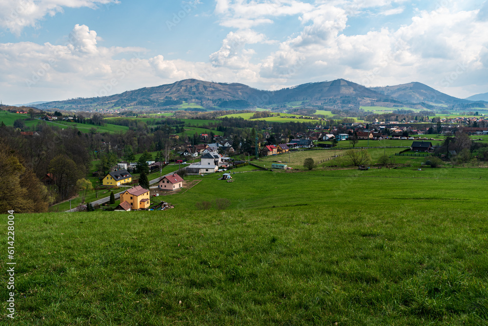 Kozlovice village with Ondrejnik mountain ridge on the background in Czech republic