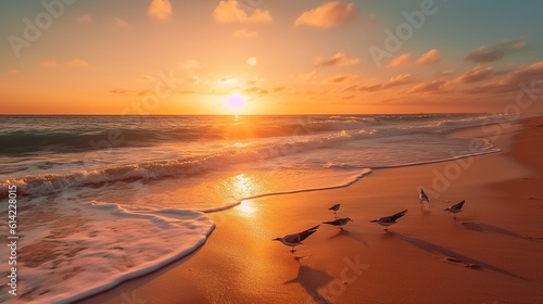 Tranquil sunrise over the calm azure ocean. Beautiful sunrise over the tropical beach. Generative AI