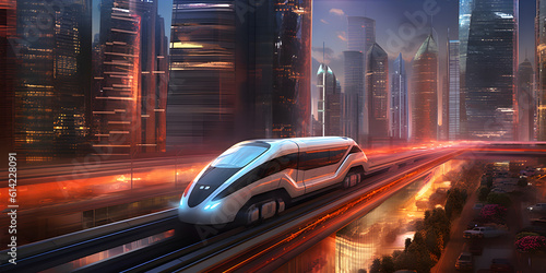 A high-speed bullet train racing through a modern cityscape, surrounded by towering skyscrapers