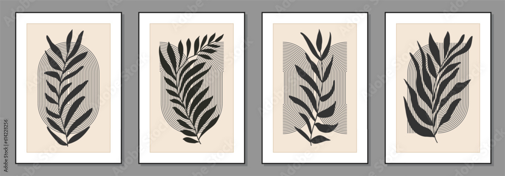 Set of minimalist poster with abstract leaf composition Set of minimalist poster with abstract leaf composition