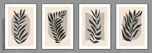 Set of minimalist poster with abstract leaf composition