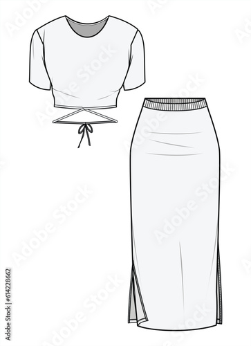 Short Sleeve Waist Tie Crop Top with Midi Side Slit Tight Skirt Set Fashion Illustration, Vector, CAD, Technical Drawing, Flat Drawing, Template, Mockup.