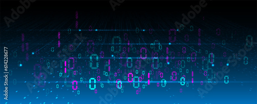 Futuristic perspective grid in digital cyberspace. Flow of binary code