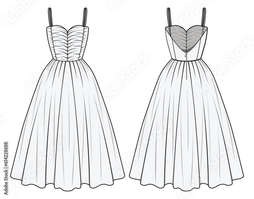 Women's Ball Gown Sweetheart back open Midi dress Front and Back View. Fashion Illustration, Vector, CAD, Technical Drawing, Flat Drawing, Template, Mockup. photo
