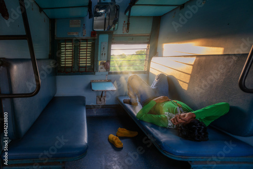 India. Inside of indian train, passangers ready for departure.Cheap and fast. Discover the India. Open world after covid-19
