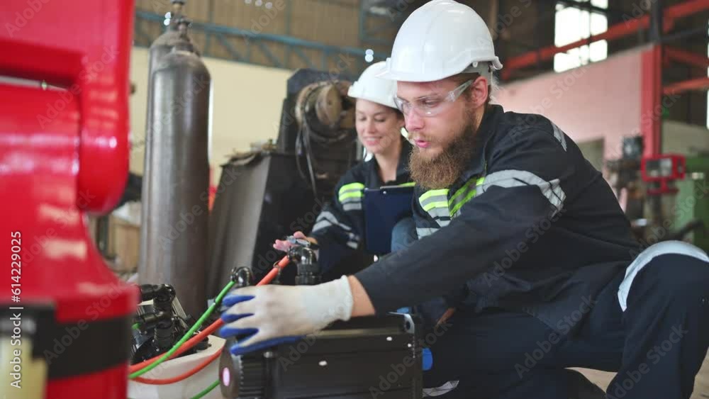 Both of engineers installing a small robotic arm is being installed for testing. before sending to customers for industrial use. Both of engineers installing a small robotic arm is being installed for testing. before sending to customers for industrial use.