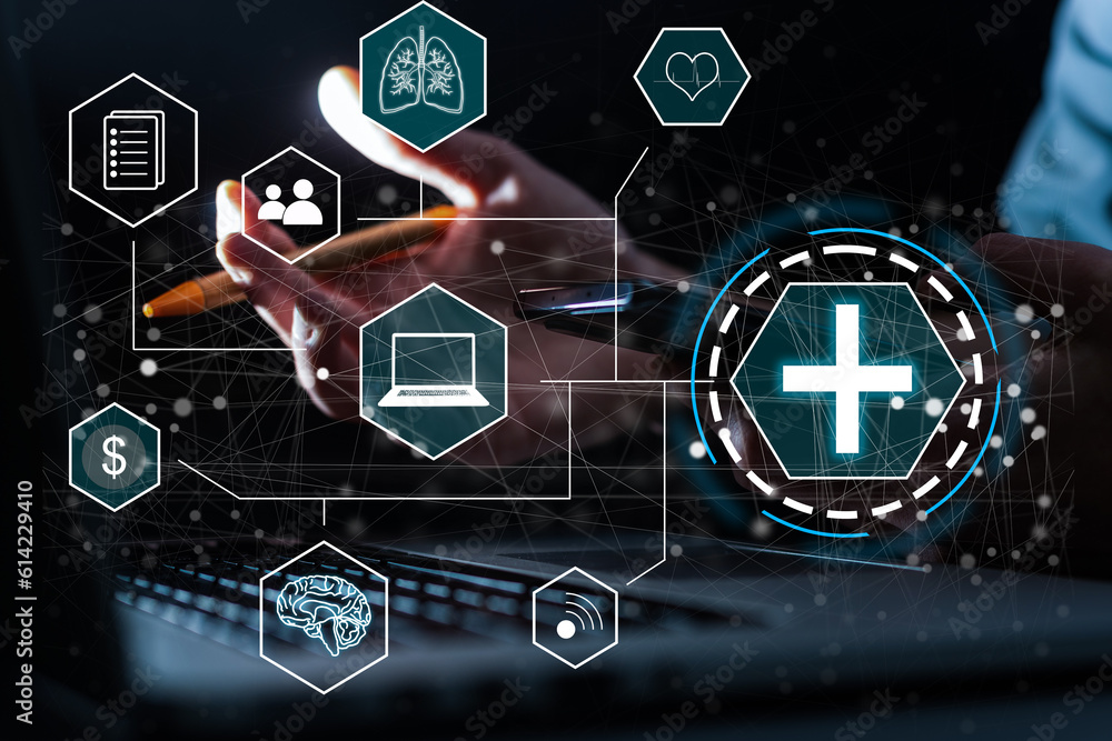 Blue virtual medical icons on the palm businessman in a suit while sitting in the office. Business health insurance and health care concept. Space for text. Blue virtual medical icons on the palm businessman in a suit while sitting in the office. Business health insurance and health care concept. Space for text.