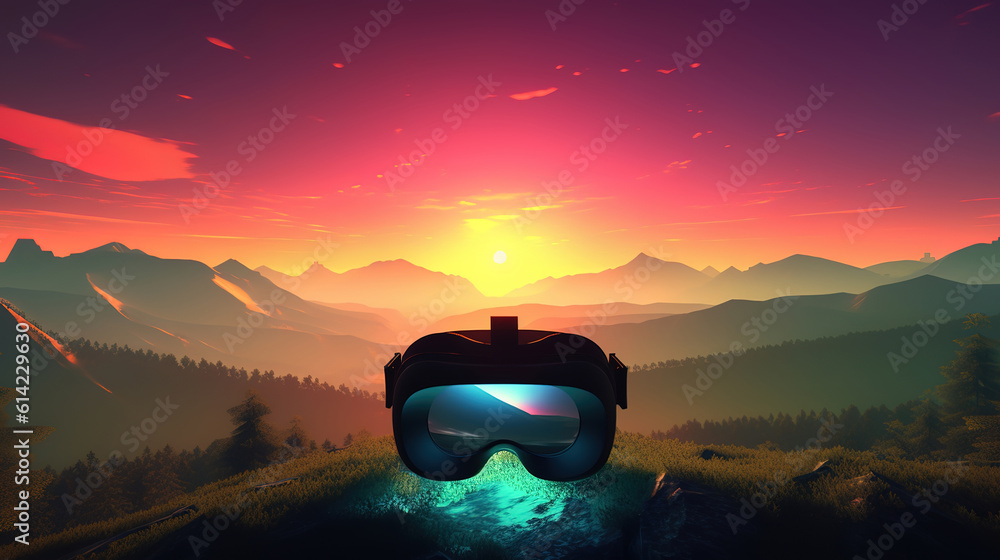 Fototapeta premium Sun setting over virtual reality landscape. Generative Ai . Generative Ai