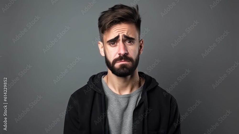 Expressive portrait of a man, isolated on plain background. Focusing on the facial expression. Generative AI illustration.