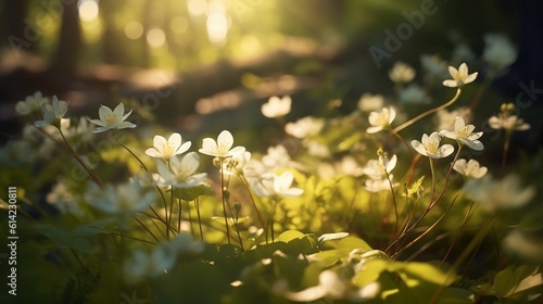 Enchanting Forest: Sunlit Flowers and Moss in Nature's Embrace