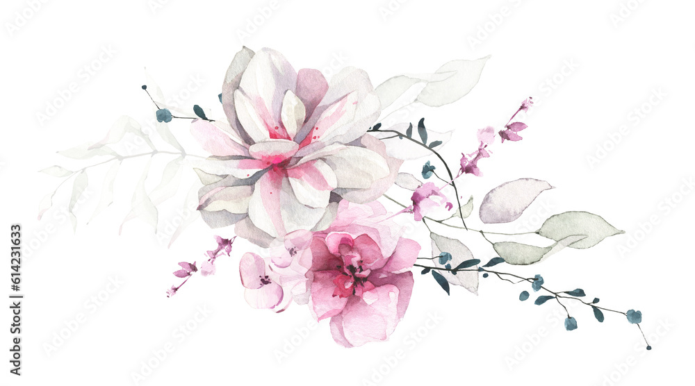 White lotus and pink rose flowers, pale green branches, leaves, blue little twigs. Watercolor floral bouquet.