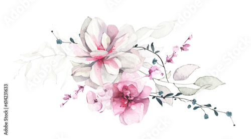 White lotus and pink rose flowers  pale green branches  leaves  blue little twigs. Watercolor floral bouquet.