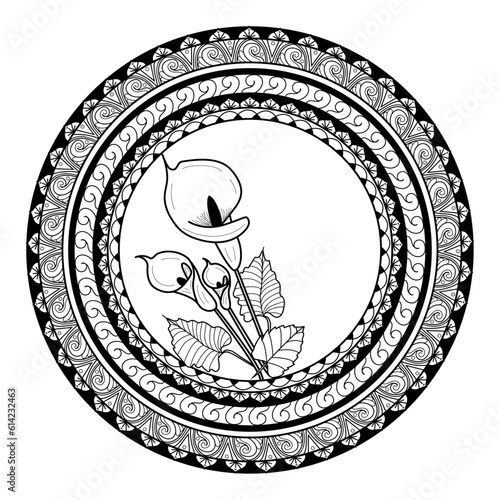 Vector illustration of mandala with calla flowers for coloring adult book antistress, mandala vettoriale con calle da colorare per libro adulti antistress