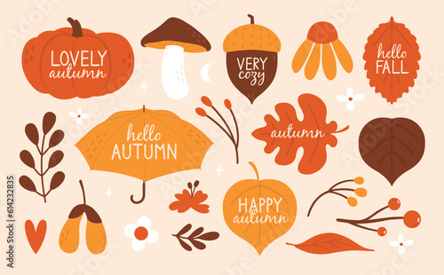 Hand drawn set of autumn badges, labels, stickers. Cute and cozy cliparts with umbrella, acorn, oak leaf, pumpkin, mushroom, flowers. Modern illustrations in flat minimal style. Hello autumn concept.