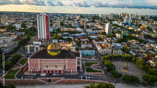 drone reveals Amazon Theater, Manaus Brazil Urban Landscape, Historical Landmark of Amazonas Largest City aerial  photo