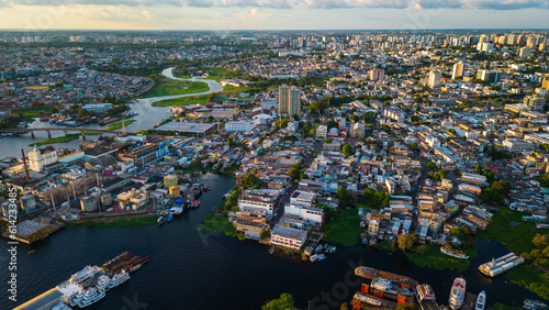 aerial view of Manaus Brazil cityscape with amazon rainforest and amazon river 