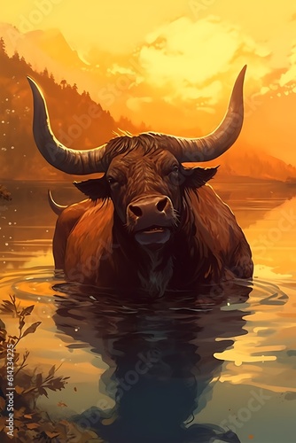 Highland cow in the lake at sunset. Digital painting illustration ai generated © Gorilla Studio