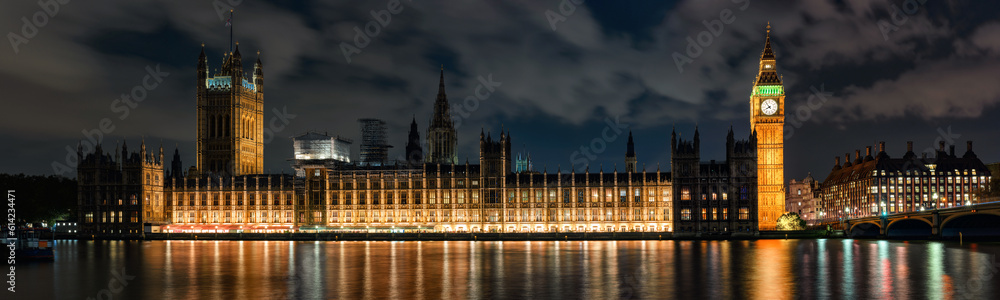 Night panoramic view across river Thames to Palace of Westminster in London.