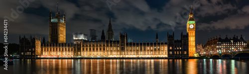 Obraz na płótnie Night panoramic view across river Thames to Palace of Westminster in London. w salonie