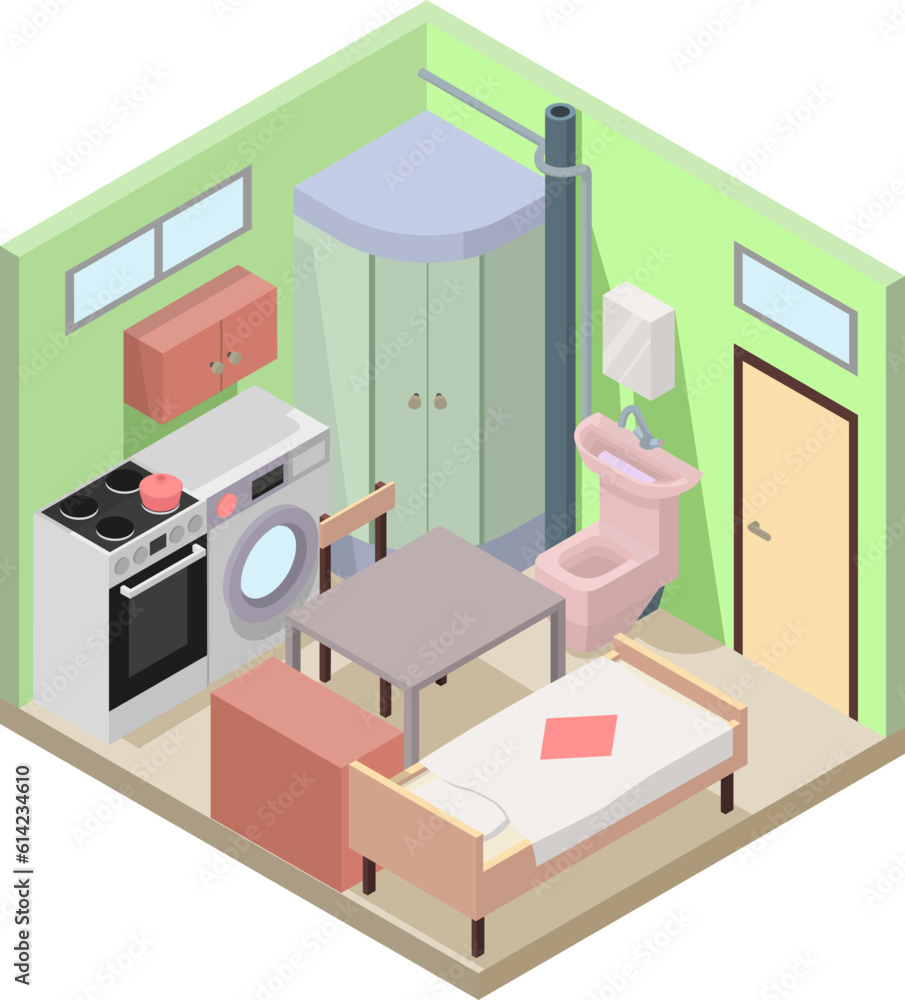 Compact small apartment in isometric view. The room is combined with a kitchen with a bathroom and a bedroom to save the total area. Cheap apartment with a small area, affordable housing. Compact small apartment in isometric view. The room is combined with a kitchen with a bathroom and a bedroom to save the total area. Cheap apartment with a small area, affordable housing.