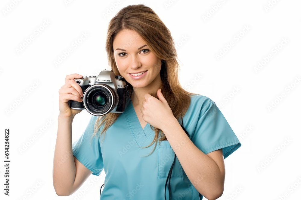 a photo portrait of a beautiful blonde female nurse doctor in the blue scrub suit medical uniform holding a camera and making a photo. isolated on white background. Generative AI a photo portrait of a beautiful blonde female nurse doctor in the blue scrub suit medical uniform holding a camera and making a photo. isolated on white background. Generative AI