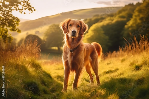 Golden Retriever dog on the meadow in sunset light ai generated