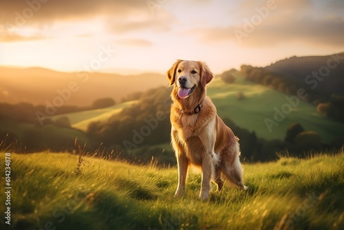 Golden Retriever dog on green meadow at sunset in the mountains ai generated
