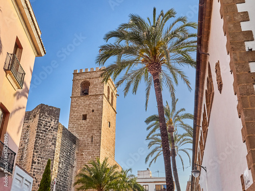 Javea Old Town at sunset, with the tower of the church of San Bartolome and the abastos market. Jávea, Xàbia, Costa Blanca, province of Alicante, Comunidad Valenciana, Spain, Europe