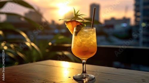 Commercial Shot of a Cocktail. Focus on the Subject, Blurred Background, Cityscape as a Background. Generative AI.