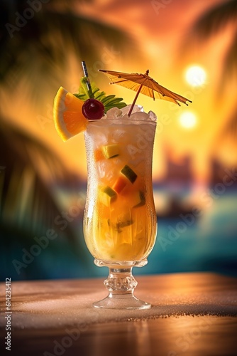 Commercial Shot of a Cocktail. Focus on the Subject, Blurred Background, Tropical as a Background. Generative AI.