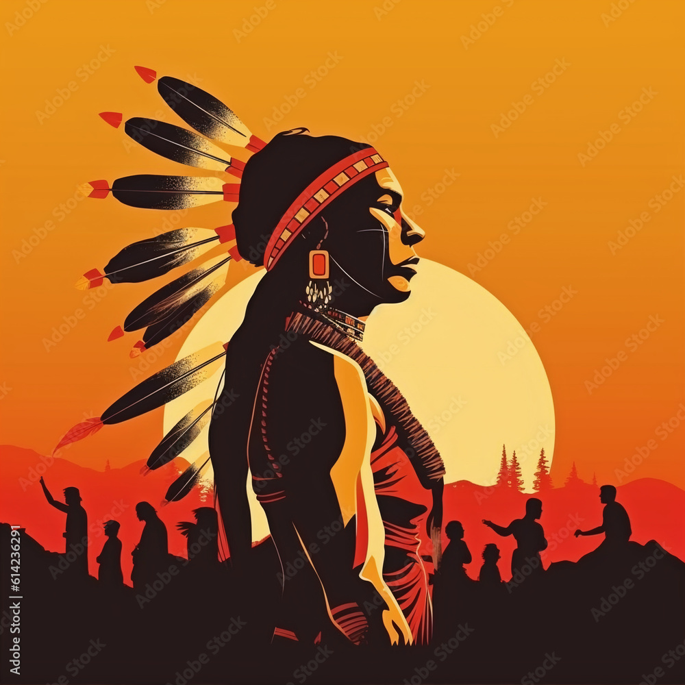 Fototapeta premium Dramatic Indigenous person wearing head dress on colorful desert background. Native American person wearing head dress