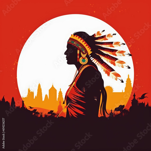 Dramatic Indigenous silhouette wearing head dress on colorful desert background. Native American silhouette wearing head dress  © Justin