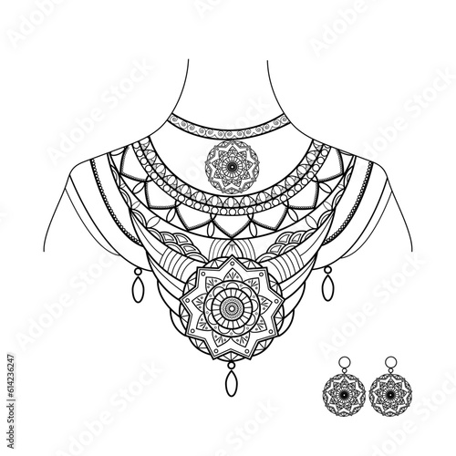 Vector illustration of a  woman silhouette with decorative mandala jewels for coloring book, silhouette di donna vettoriale  con gioielli decorativi e orecchini mandala da colorare