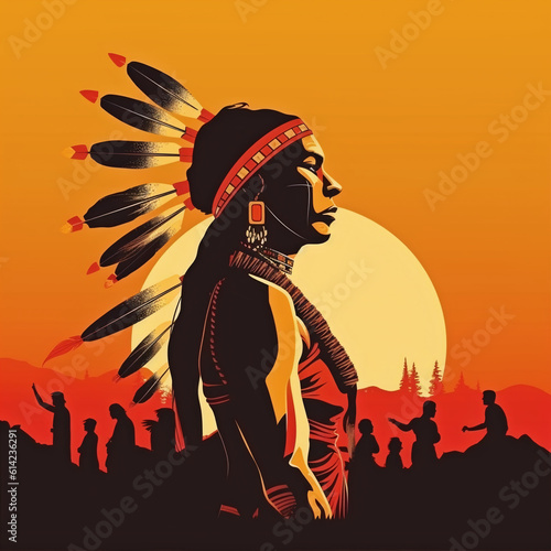 Dramatic Indigenous person wearing head dress on colorful desert background. Native American person wearing head dress © Justin