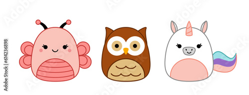 Butterfly, owl, unicorn. Squishmallow. Cute soft plush toy. Pillow Cartoon kawaii vector