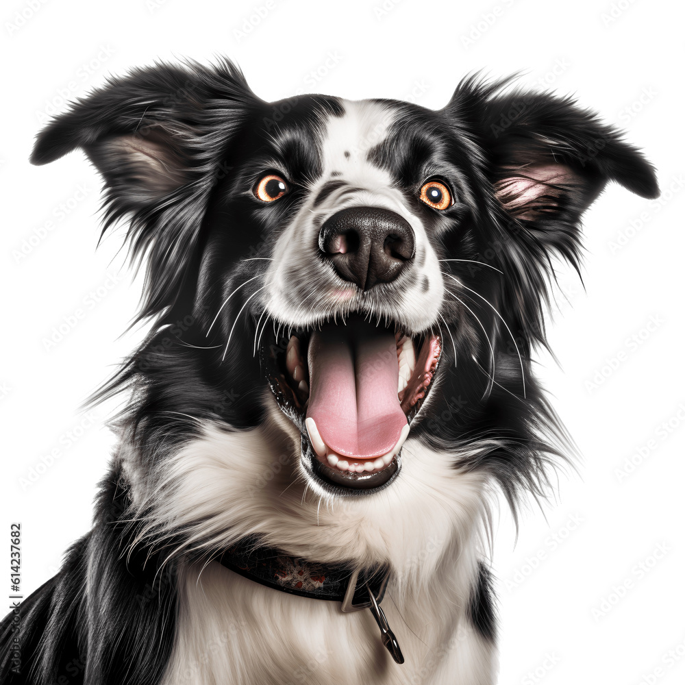 Porter of happy black and white border collie breed dog isolated on the background. Generative AI.