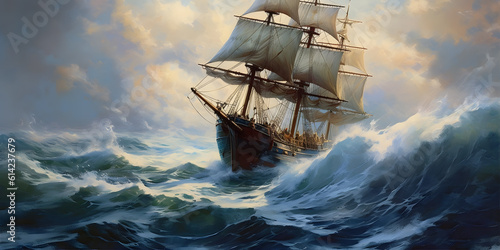 A wooden sailing ship gracefully cutting through the deep blue waves of the open ocean, with a clear sky