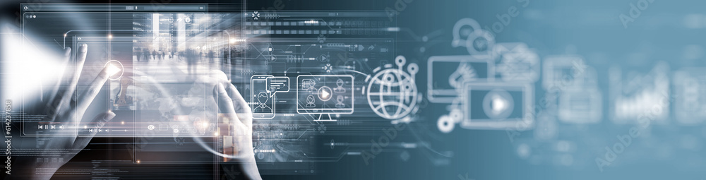 Digital marketing Video streaming Businessman touching icon digital marketing SEO and network connection on modern virtual interface.