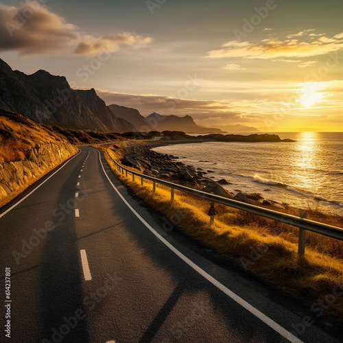Golden hour sunrise. Road by the sea. Lofoten Island. 