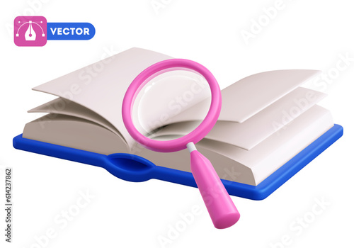 Magnifying glass and open book. 3d realistic icon, case study or search concept. Perspective view, isolated on white, minimalist and glossy style. Vector illustration