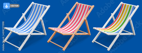 Beach chair 3d realistic. Set of isolated wooden, striped deck chairs or beach loungers with blue, red and multicolor stripes. Vector illustration.
