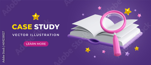 3d realistic magnifying glass and open book, minimalist and glossy style, purple background. Conceptual banner on case study or searching theme. Vector illustration 