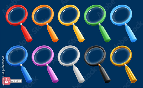 Magnifying glass, 3d realistic, minimal and glossy style, isolated on dark background. Set of multicolored magnifiers. Transparent loupe, conceptual symbol of search, research. Vector illustration 