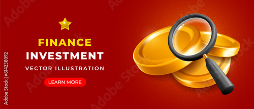 3d realistic magnifying glass and golden coins, minimalist and glossy style, red background. Conceptual banner on finance and investment theme. Vector illustration