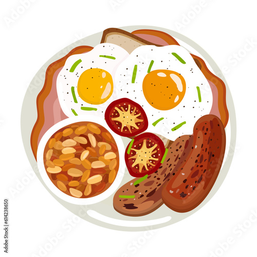 English traditional breakfast on plate. Vector isolated illustration.