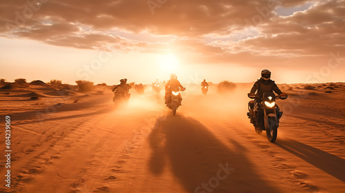 A swarm of motorcycles speeding through a desert landscape, kicking up clouds of dust, creating a thrilling and adventurous atmosphere © ckybe
