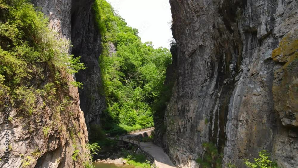 Natural Bridge Stone National Park in the Blue Ridge Mountains of Rockbridge County, Virginia Limestone Bridge Gorge. Shooting from a drone. Natural Bridge Stone National Park in the Blue Ridge Mountains of Rockbridge County, Virginia Limestone Bridge Gorge. Shooting from a drone.